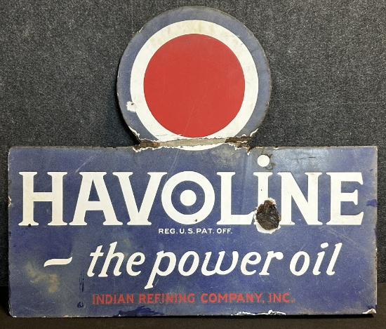 Havoline The Power Oil Indian Refining Co. Double Sided Porcelain 1920s Flange Sign