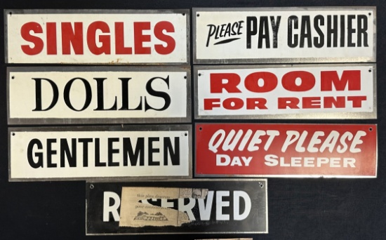 Lot of 7 NOS 1960s Novelty Tin Advertising Signs: Gentleman, Please Pay Cashier, Room For Rent, Etc