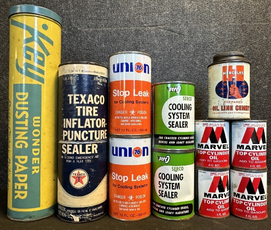 Lot of 11 Motor Oil Service Station Cans: Unioin 76 Stop Leak, Marvel Top, Serco Cooling, Texaco Tir