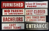 Lot of 8 NOS 1960s Novelty Tin Advertising Signs: Furnished, Bachelors, Easy Credit Terms