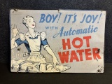 Early 1940s BOY ITS JOY w/ Automatic Hot Water Advertising Kitchen Sink w/ Dishes Fiberboard Sign