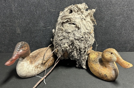 Lot of 3 Vintage Hunting Cabin Décor: Pair Michael Valuet Handcrafted Wooden Ducks & Bee Hive