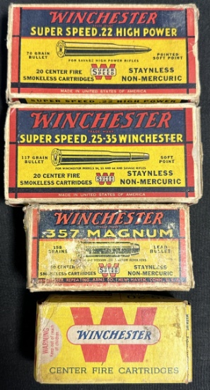 Lot of 4 Vintage Winchester 25-35 Super Speed, 22 High Power, Full 357 Magnum, 25-20 Ammo