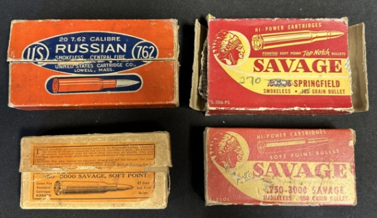 Lot of 4 Vintage Ammo Boxes: 2 Savage .250-3000, 30-30, US Russian 7.62, Winchester .250-3000 2 Piec