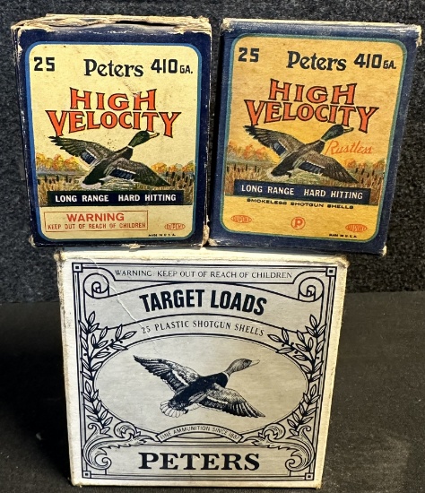 Lot of 3 Vintage Peters Empty Ammo Boxes Pair 410 Gauge & 12 Target Loads