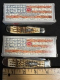 No 00013 Amber Peach Seed Jig Mini Trapper & No 00164 Peach Seed Jig Case & Sons Knives w/ Boxes