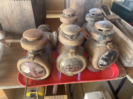 7 ANTIQUE KEROSENE CAR LAMPS