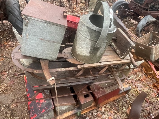 SKID LOT OF BUCKETS, WATER CANS, SLED