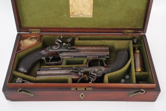 Durs Egg Cased Pair Presentation Over Under Flintlock Pistols