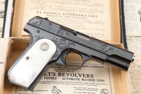 Factory Engraved Colt Model 1908 Pocket Hammerless .380 ACP Pearl Grips, Box & Letter, 1927 C&R