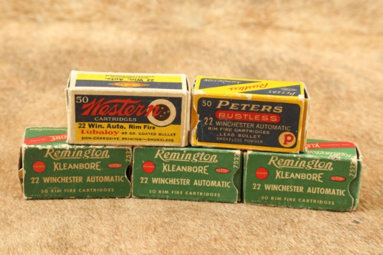 Mixed Lot of 5 Vintage Boxes Of Obsoleted .22 Winchester Automatic Rim Fire Ammunition