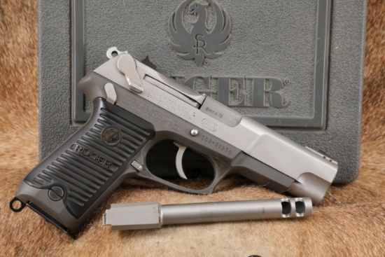 Stainless Ruger P89 9mm Luger 4 3/8" Barrel Semi Auto Pistol & Mags, Ported Barrel, Case, 1995