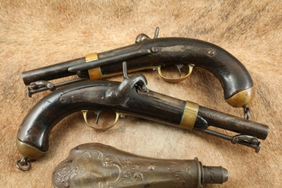 French Navy Chatellerault Model 1837 Percussion Pistols 6.75" Smoothbore 60 Cal Antique Powder Flask