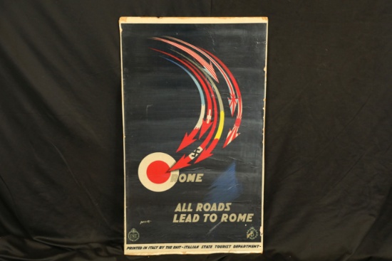 Vintage 1938 Pre-WW2 Mario Pozzati "All Roads Lead to Rome" Italian Tourist Poster Board