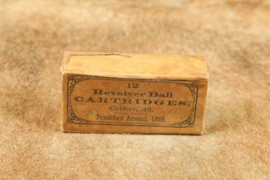 Full Unopened Box Of 12 Rounds Of Vintage Frankford Arsenal 45 Schofield Cartridges Dated 1878