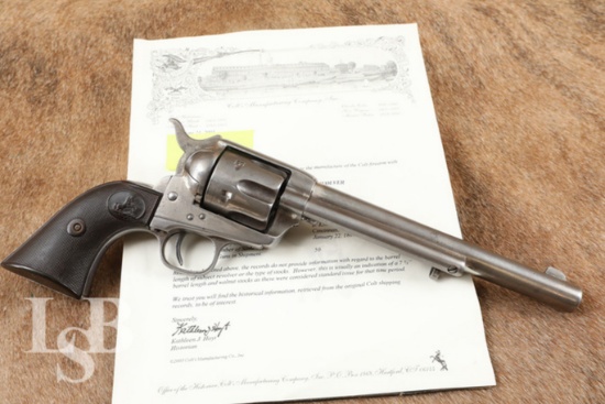 Kittredge Shipped 1st Gen Colt Single Action Army SAA Nickel .45 Revolver & Letter, 1881 Antique