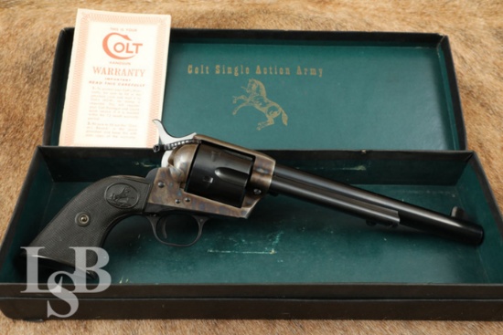 Colt Single Action Army Early 2nd Gen SAA Blued & Case Colored 7.5” .45 Revolver & Box, 1957 C&R