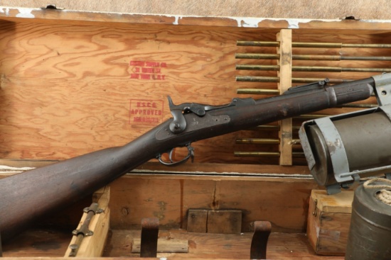 Antique Ship to Ship U.S. Coast Guard Line Thrower On Trapdoor 1884 Rifle In Box, Rods, 3 Canisters