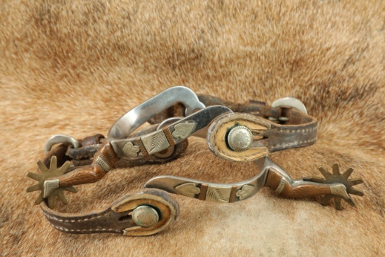 Vintage 1940s Old West Cowboy Spades & Gal Legs Embellished & Engraved Spurs W/ Leather Straps