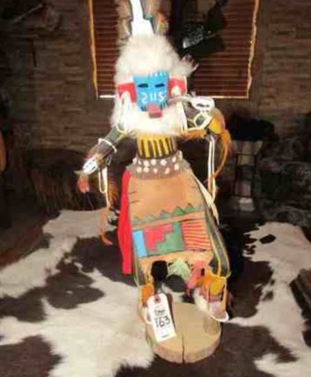 Navajo Dine' Kachina Doll 23"H pre tourist era 1940's, Hand carved wood, leather, cowie shells, feat