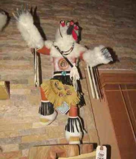 Kachina Doll signed Navajo "White Wolf" 24"H embellished with white fur, painted design on leather a