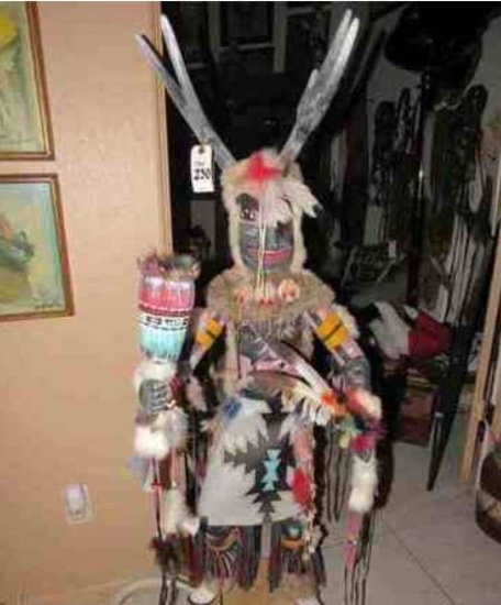 Navajo Kachina - 5 ft H. All wood carved, Antlers are wood, Dance Rattle is wood, Adorned in fur & f