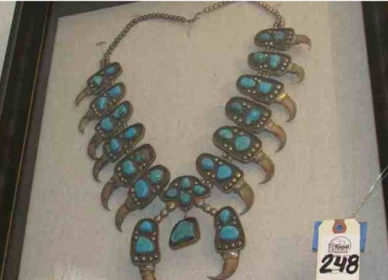 "Chieftan Bear Claw and Turquoise Necklace on Sterling Silver, Early 1900's, Museum Acquisition, Ext