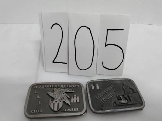 2 metal belt buckles made by Hit Line:  Louisville Foundry