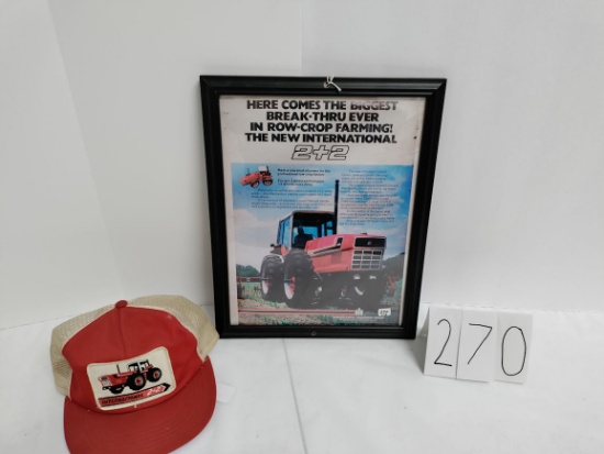 Framed 15.5" x 12.5" IH 2+2 poster in good condition & IH 2+2 mesh hat in fair condition