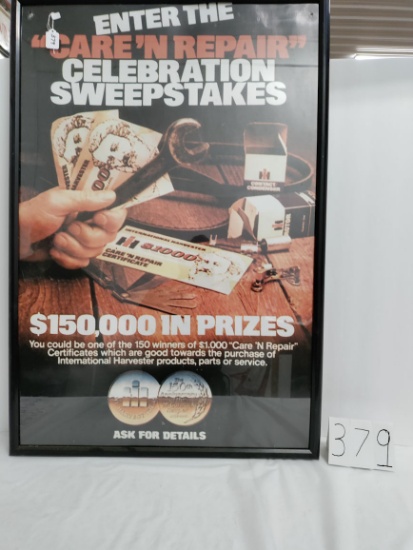 41" x 28" framed Enter the "Care'N Repair" Celebration Sweepstakes poster 2 screw holes in upper cor