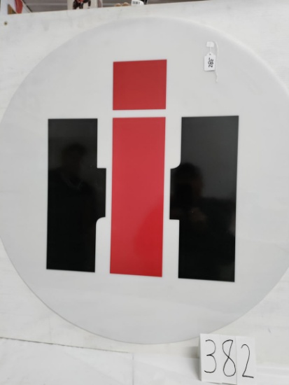 Round 33.5" diameter plexiglass reproduction handmade white IH sign mounted on 35" x 35" white paint