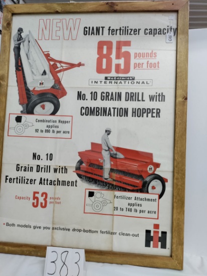 30" x 40.5" wood framed McCormick #10 Grain Drill with Fertilizer Attachment advertisement poster 2