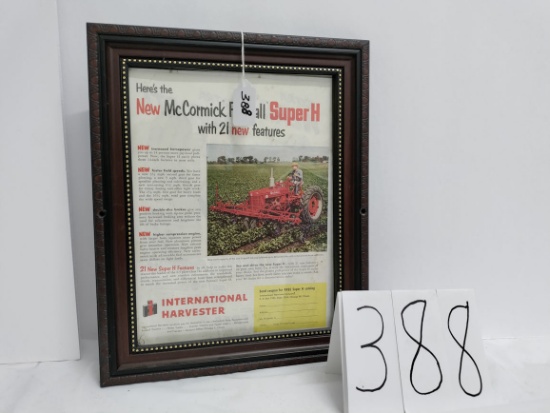 13" x 11" framed New McCorkmick Farmall Super H color advertisement 1 drill hole on each side of fra
