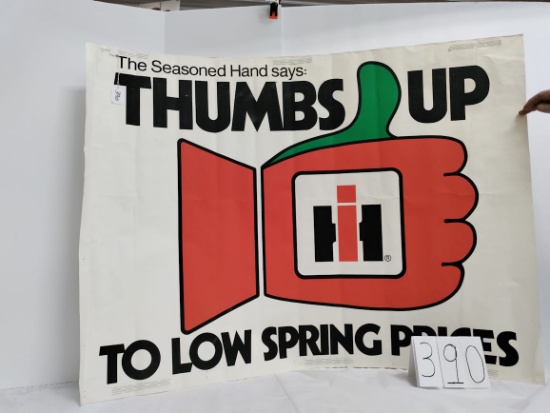 40" x 30" paper poster IH Green Thumb Thumbs Up to Low Spring Prices with staple holes good conditio