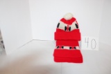 IH red knit scarf and hat with pom pom