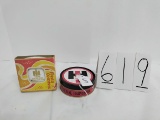 IH 6 round metal with cork coasters in tin storage container and 3 square plastic Fiesta Coasters fr