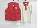Both Swingster L White and Red shirt and L red down vest with sewn on IH patch both need washed