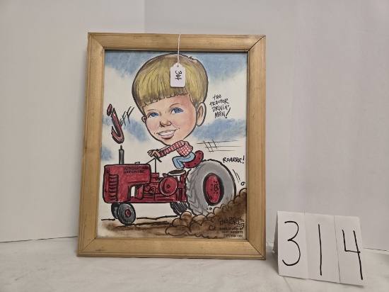 Framed caricature of Jeff Showaker driving IH tractor by Kent Roberts 2003