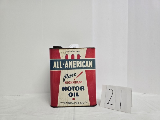 Pittsburgh Penn Oil Co All American Motor Oil Empty 2 Gall Tin In Good Cond