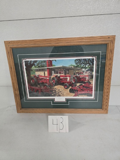 Framed painting by Russell Sonnenberg signed IH Shane Implement co Red Fever 27" by 21" excellent co