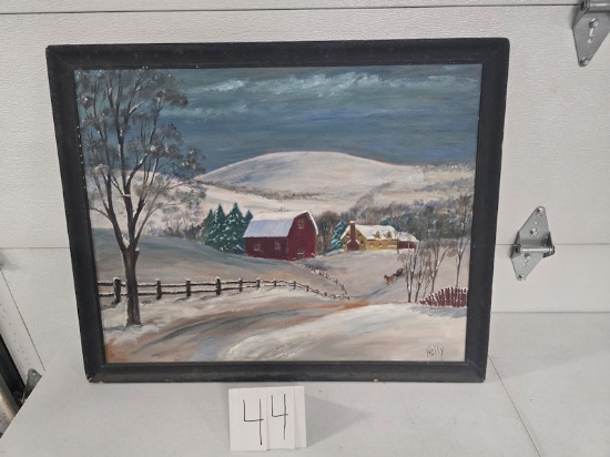 Framed painting by Holly farm scene 25" by 30" good condition