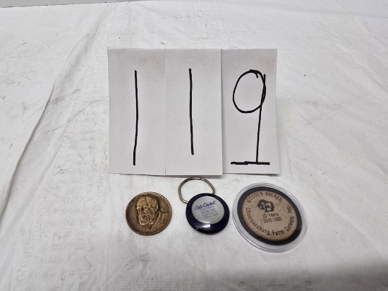 Chambersburg Farm Service wooden nickle and Cyrus McCormick token and Cooper's Hdwe Cub Cadet keycha