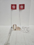 2 IH wired plastic flags Chambersburg Farm Service rain gauge NOS and Leo Kelly metal rain gauge wit