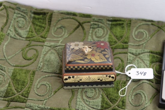 10k Yellow Gold Ring With Unidentified Stone And Wooden Jewelry Box