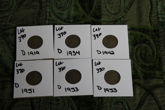 Lot Of 6 Wheat D Pennies Years 1919,1934,1942,1951,1953