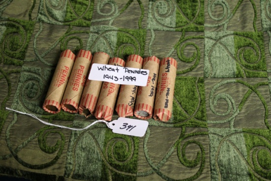 Lot Of 7 Rolls Wheat Pennies 1943-1999