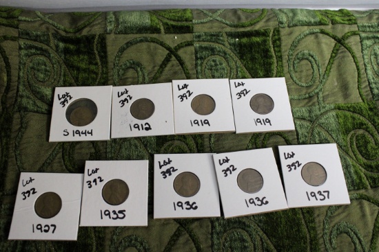 Lot Of 9 Wheat Pennies 1944-s, 1912,1919,1927,1935,1936,1937
