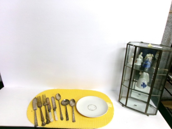 Silverplated Silverware With Kaysons Plate And Glass Shelf With Misc Items