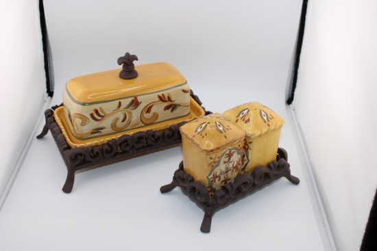 Butter Dish; Salt and Pepper Shakers