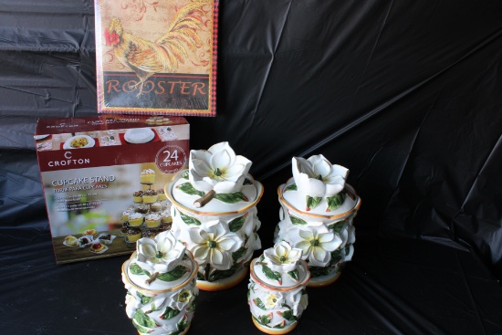 New Magnolia Cannister Set, Cupcake Stand, Rooster Wall art